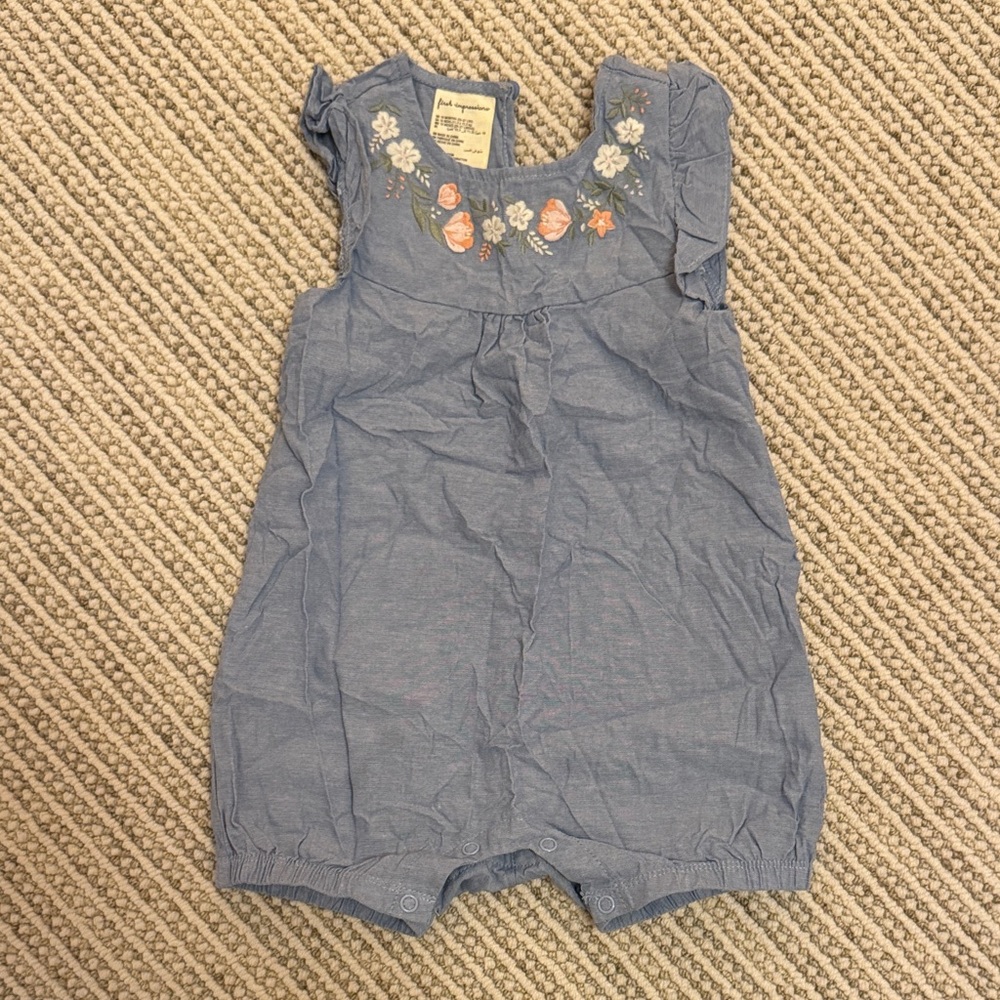 First Impressions Blue Romper with Floral Accents